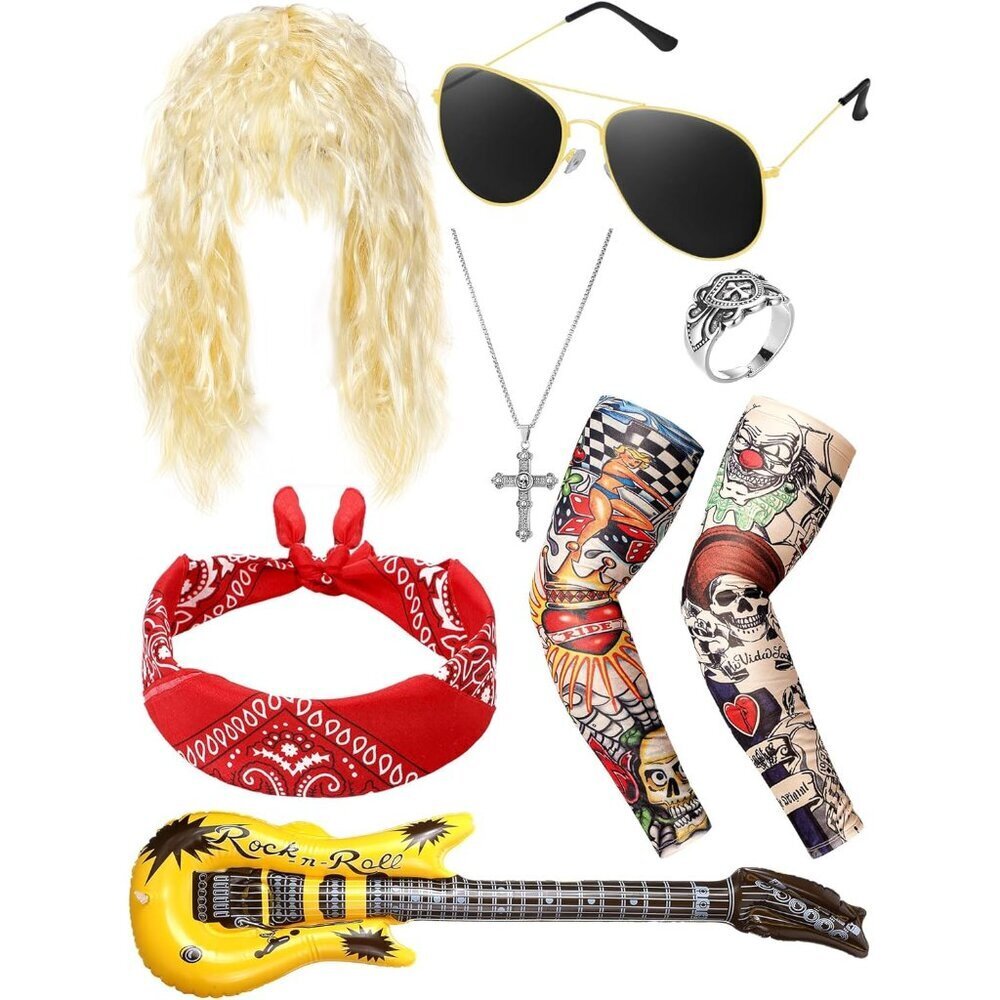 9 Pcs Rocker Costume Set for Party Men Women Punk Disco 80s 90s Rock n Roll